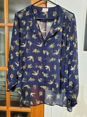 Sheer Bird Print Blouse Navy Chiffon Top Vintage Inspired Cottagecore Artsy